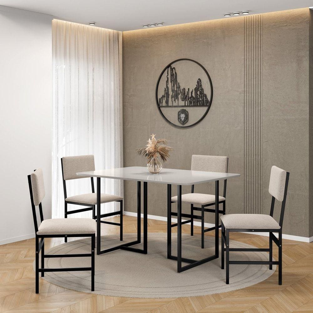 Conjunto para Sala de Jantar 118x80 Tampo MDF com 4 Cadeiras Belle Preto/Off White/Bege