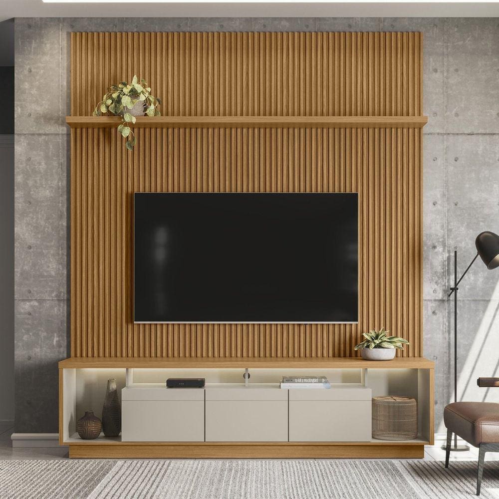 Conjunto Rack Cronos 2.2 com Painel Modular 2.2 Prateleira 2.2 e KIT Fita LED 1 Fita 2000mm Freijo/ Off White