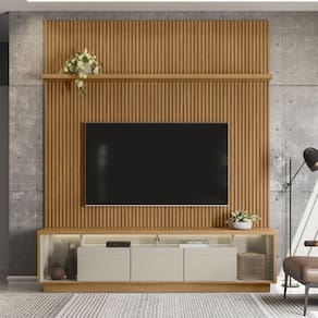 Conjunto Rack Cronos 2.2 com Painel Modular 2.2 Prateleira 2.2 e KIT Fita LED 1 Fita 2000mm Freijo/ Off White