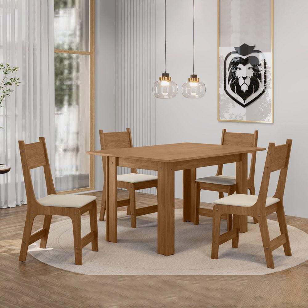 Conjunto de Sala de Jantar com Tampo MDF 120x80 com 4 Cadeiras Lisboa Canela Rústico/Off White