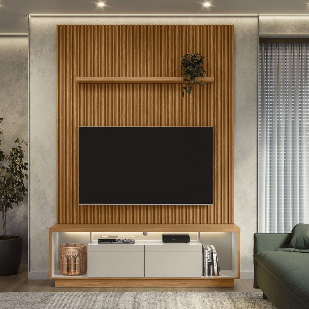 Conjunto Rack Cronos 1.8 com Painel Modular 1.8 Prateleira 1.4 e KIT Fita LED 1 Fita 1600mm Marrom/ Off White