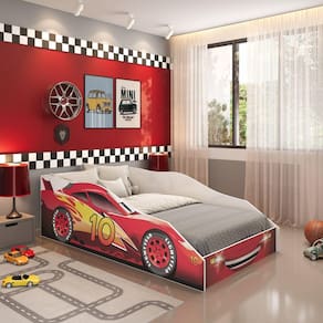 Cama Carro Infantil Solteiro Adesivada Logan Yescasa Branco/Vermelho