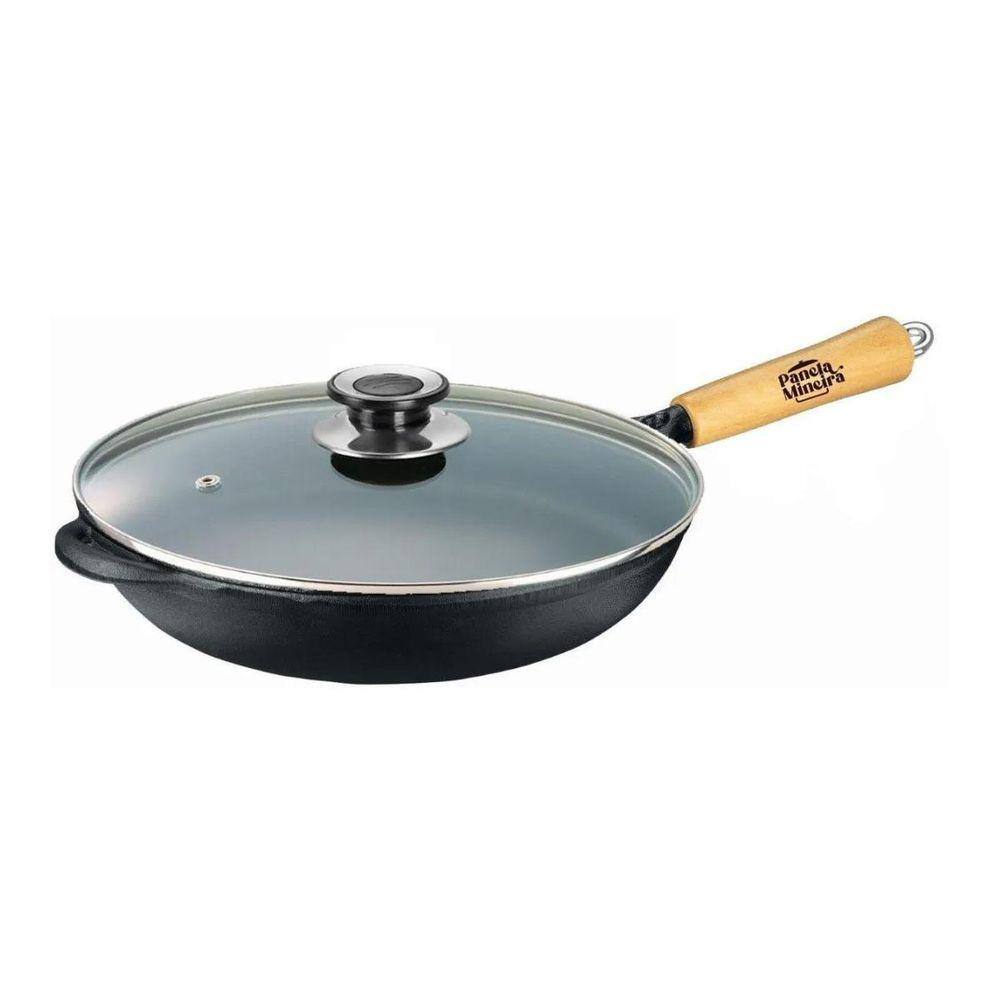 Frigideira Wok Ferro Cabo Madeira Vidro 28cm Preto