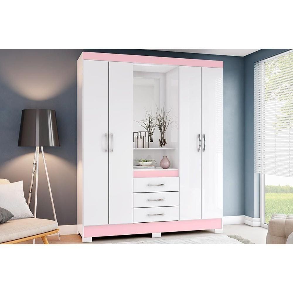 Guarda Roupa 4 Portas E 3 Gavetas C/ Espelho Briz B24 Branco/Rosa - Henn