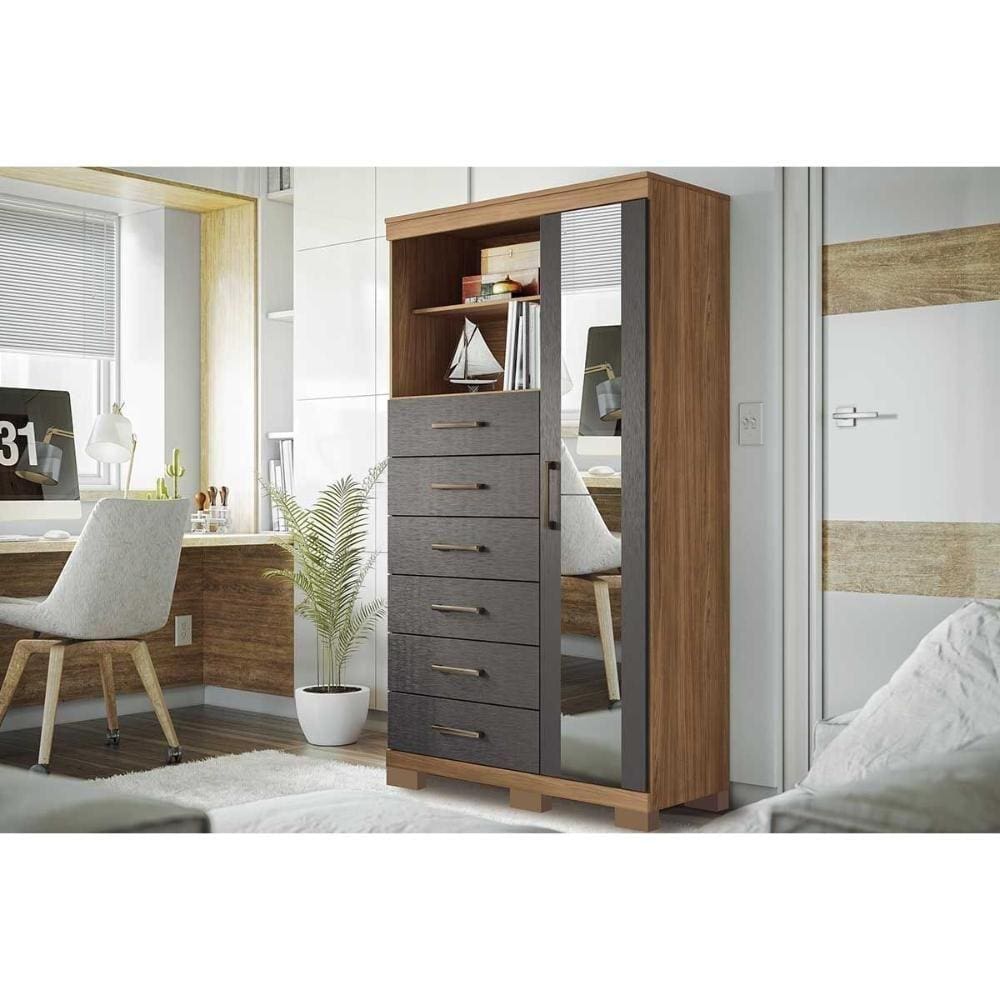 Cômoda Solteiro Marabá 1.6 C/ 1 Porta 2 Nichos E 6 Gavetas C/ Espelho E Pés Jatoba/grafitte