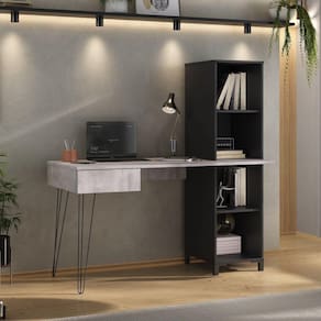 Escrivaninha com Estante 4 Nichos e 1 Gaveta com Tampo Concreto 137cm Fusion Concreto/Preto