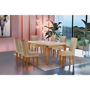 Kit Mesa Londrina C- Tampo Vidro 180cm + 6 Cadeiras Londrina Imbuia Linho Turim
