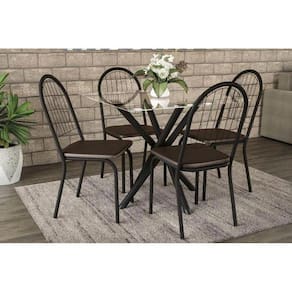 Kit Mesa Volga C- Tampo Vidro 95cm + 4 Cadeiras Noruega Preto Fosco Courano Marrom