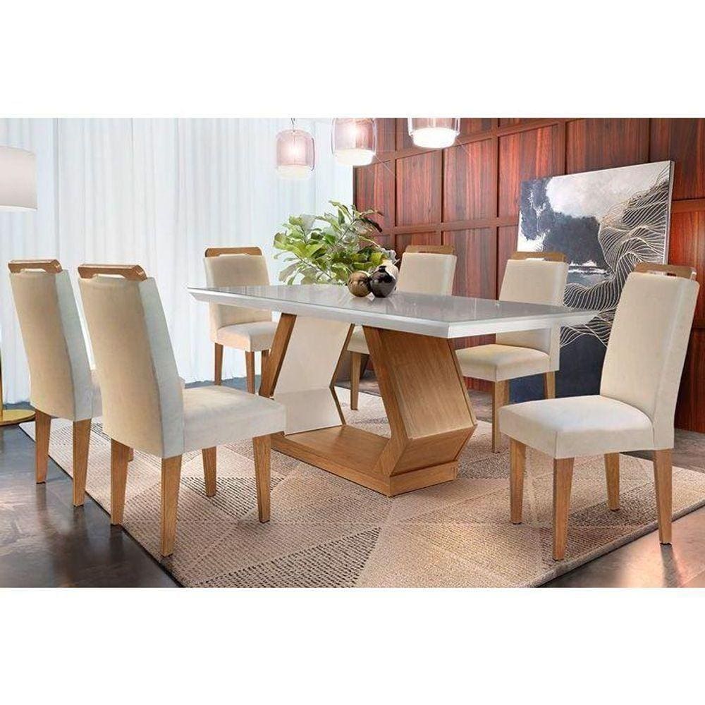 Kit Mesa Tampo 180cm Canto Reto + 6 Cadeiras Imbuia Creme
