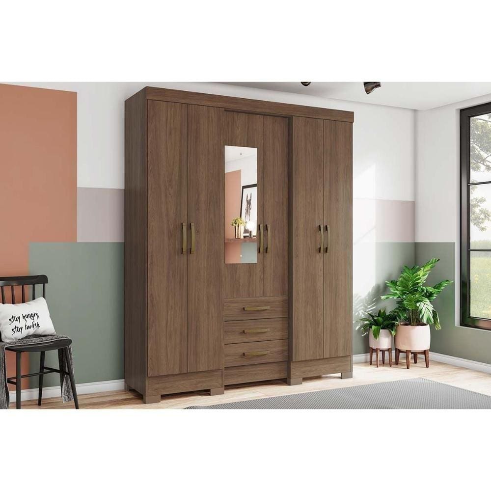 Guarda Roupa Solteiro 6 Portas E 3 Gavetas C/ Espelho Briz B23 Castanho - Henn