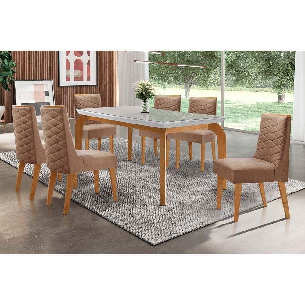 Kit Mesa Londrina Tampo Vidro 180cm + 6 Cadeiras Dafne Imbuia Chocolate Capuccino