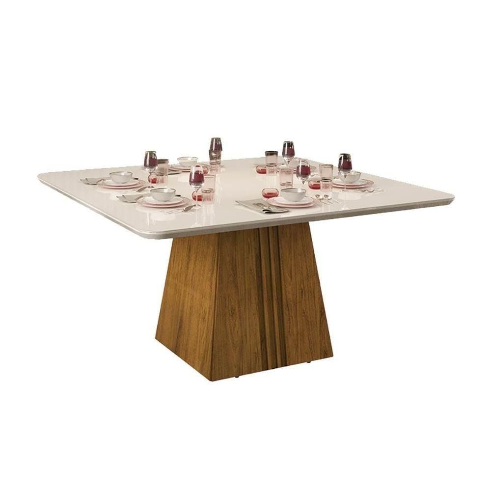 Mesa De Sala Jantar Itália + Tampo Madeirado Vidro Curvo 136x136cm Freijó/off White - Dj Móveis
