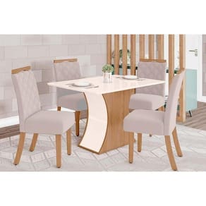 Sala de Jantar Completa Luiza 120Cm + 4 Cadeiras Bella Nature Veludo Light Linho