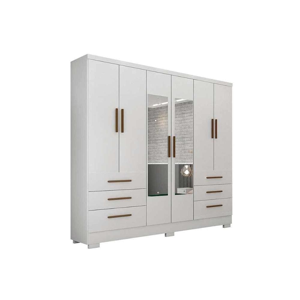 Guarda Roupa Casal 4 Portas E 6 Gavetas C/Espelho E Pés Encant Branco - Novo Horizonte