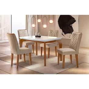 Sala de Jantar Completa Londrina Vidro 120Cm + 4 Cadeiras Imbuia Veludo Creme