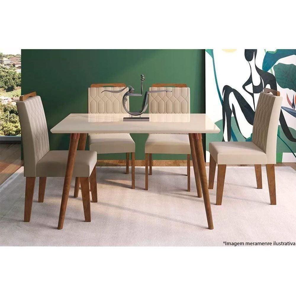Sala de Jantar Completa Adele Vidro 130Cm + 4 Cadeiras Paola Madeira Off White Suede Nude