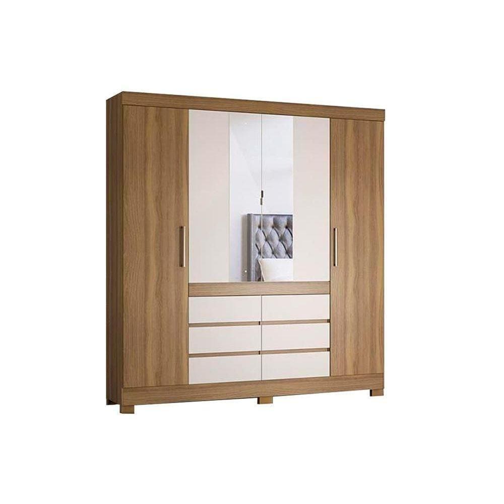 Guarda Roupa 4 Portas E 6 Gavetas C/ Espelho Cádis Amêndola/Off White - Demóbile