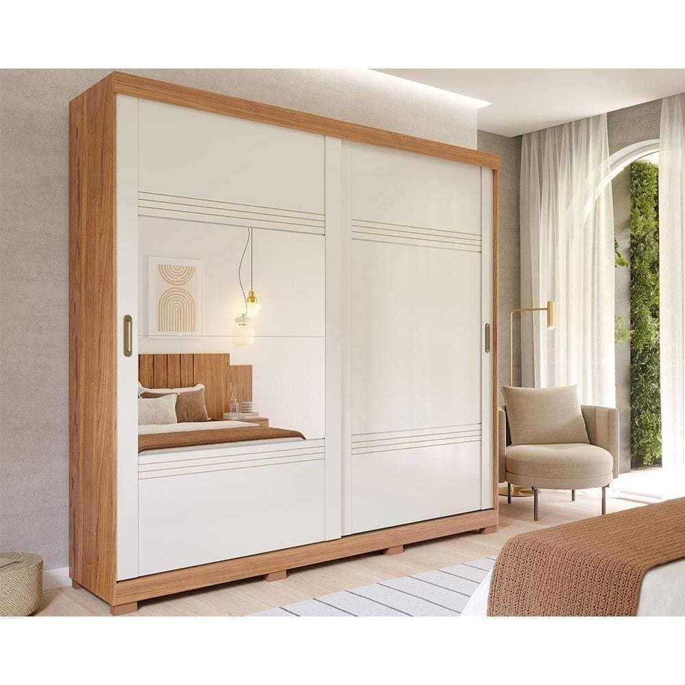 Guarda Roupa Casal 2 Portas De Correr E 4 Gavetas C/ 1 Espelho Blumenau Cinamomo/Off White - Panan