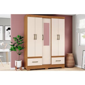 Guarda Roupa Solteiro 5 Portas E 2 Gavetas C/ Espelho Briz B60 Nature/Off White - Henn