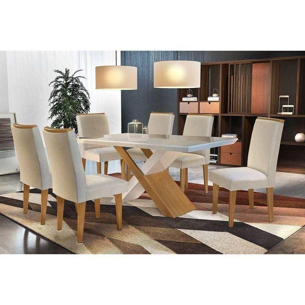 Sala de Jantar Completa C/ Tampo Canto Reto 180cm + 6 Cadeiras Lunara Imbuia Veludo Creme