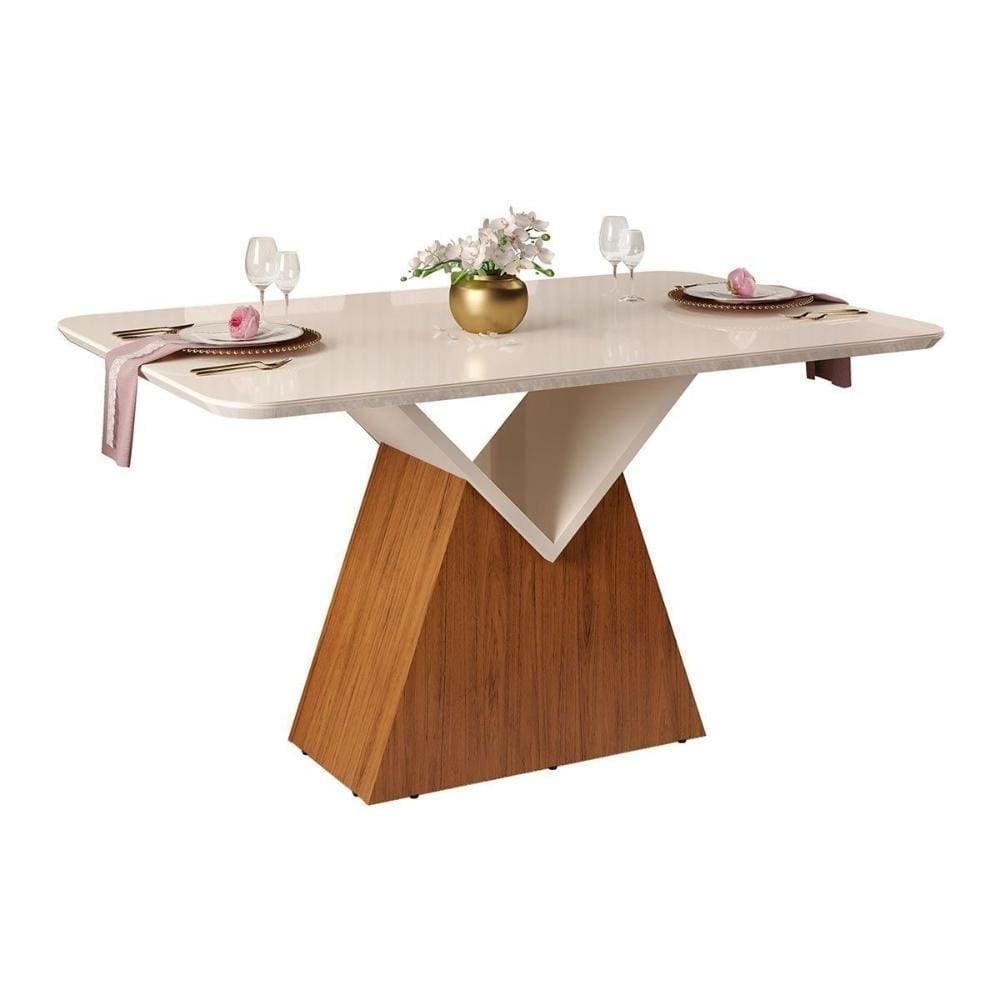 Mesa Para Cozinha Argo + Tampo Madeirado Vidro Curvo 136x90cm Freijó-off White - Dj Móveis