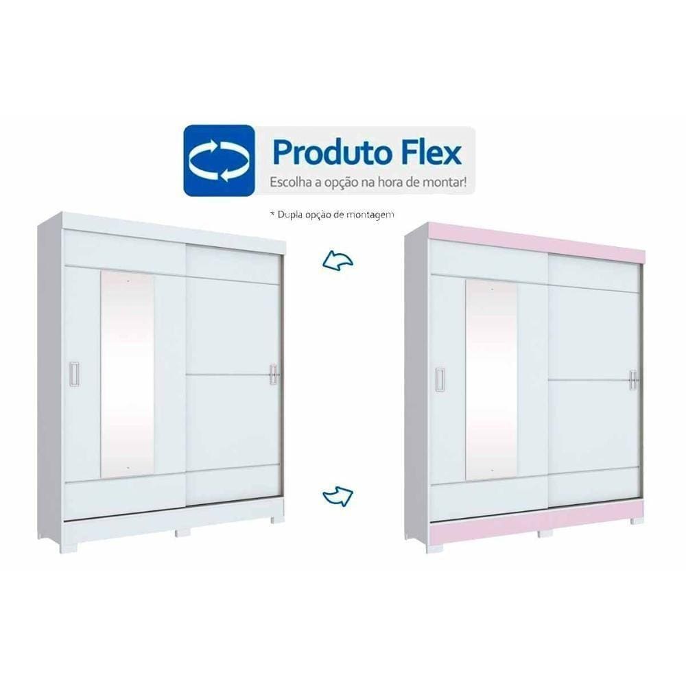 Guarda Roupa Casal 2 Portas De Correr C/ Espelho Briz B66 Branco/Rosa - Henn
