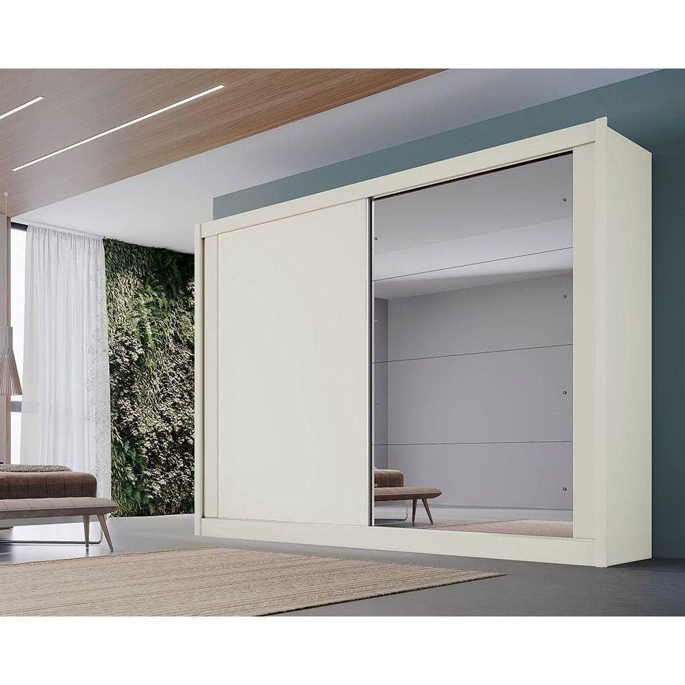 Guarda Roupa Casal 2 Portas De Correr E 4 Gavetas C/ Espelho Creta Off White - Europa