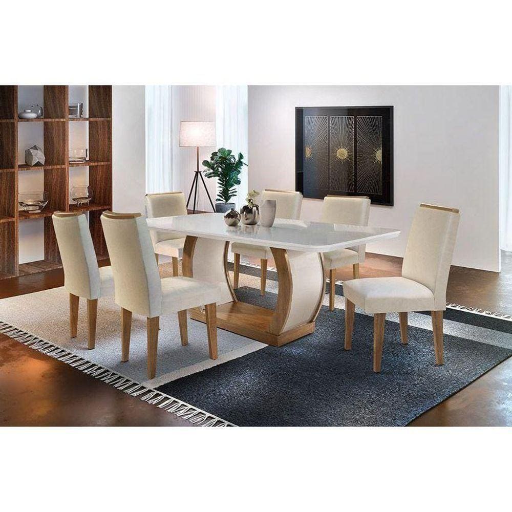 Sala de Jantar Completa 180Cm + 6 Cadeiras Lunara Imbuia Veludo Creme