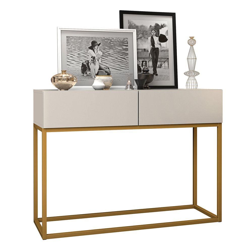 Aparador Eros Off White 90cm Estilo Industrial 2 Gavetas Pés de Ferro Dourado
