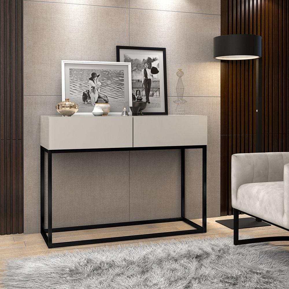 Aparador Buffet Hall De Entrada Luxo Eros 02 Gavetas 90cm Off White Com Preto