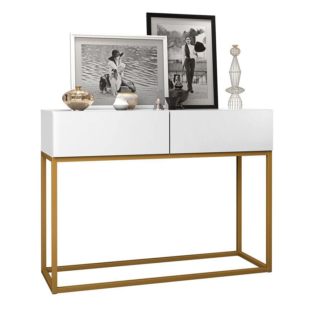 Aparador Buffet Hall De Entrada Luxo Eros 02 Gavetas 90cm Branco Com Dourado