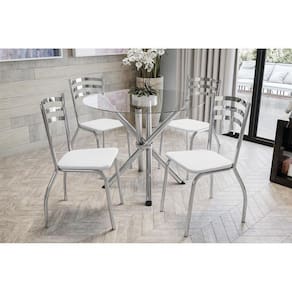 Kit Mesa Volga C- Tampo de Vidro 95cm + 4 Cadeiras Portugal Cromada Branco