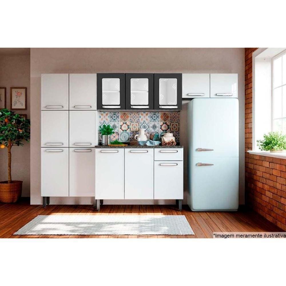 Cozinha Completa Evidence 4pçs (2 Armários + 1 Balcão + 1 Paneleiro) C4P39 Branco/Preto - Bertolini
