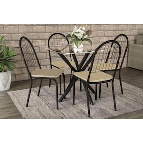 Kit Mesa Volga C- Tampo de Vidro 95cm + 4 Cadeiras Noruega Preto Fosco Nude