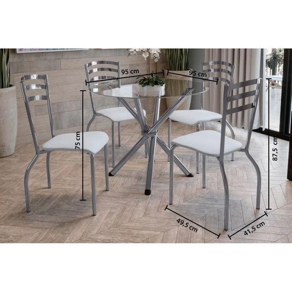 Kit Mesa Volga C- Tampo Vidro 95cm + 4 Cadeiras Portugal Cromado Courano Branco