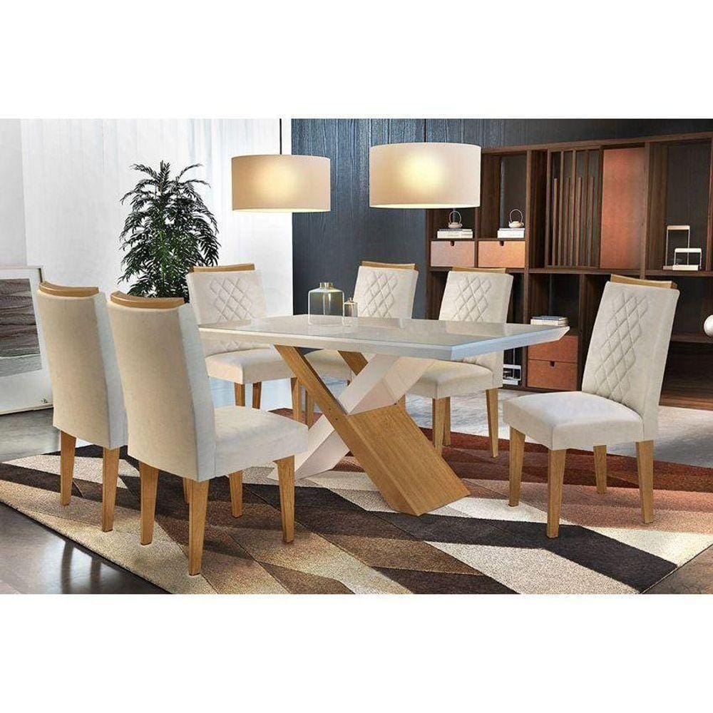 Kit Mesa Tampo Vidro Canto Reto 180cm + 6 Cadeiras Imbuia Creme