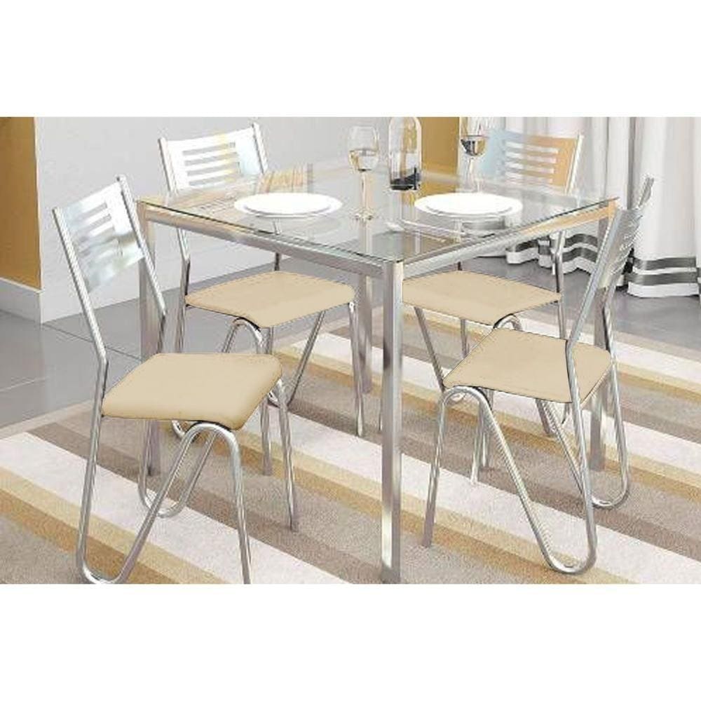 Kit Mesa Reno C- Tampo de Vidro 90cm + 4 Cadeiras Nápoles Cromada Nude