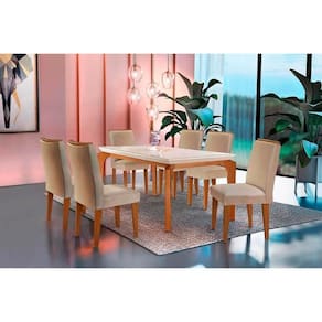 Kit Mesa Tampo Vidro 180cm + 6 Cadeiras Lunara Imbuia Linho Turim