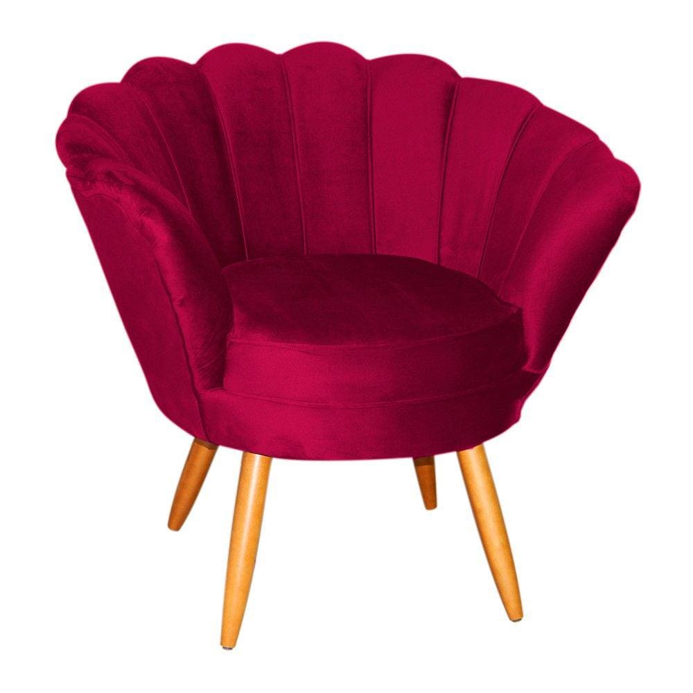 Poltrona Decorativa Pétala Veludo Vermelho Pés Madeira Mz Decor