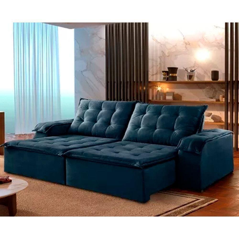Sofá Luxo Retrátil E Reclinável Netuno Com Braço Almofadado Azul