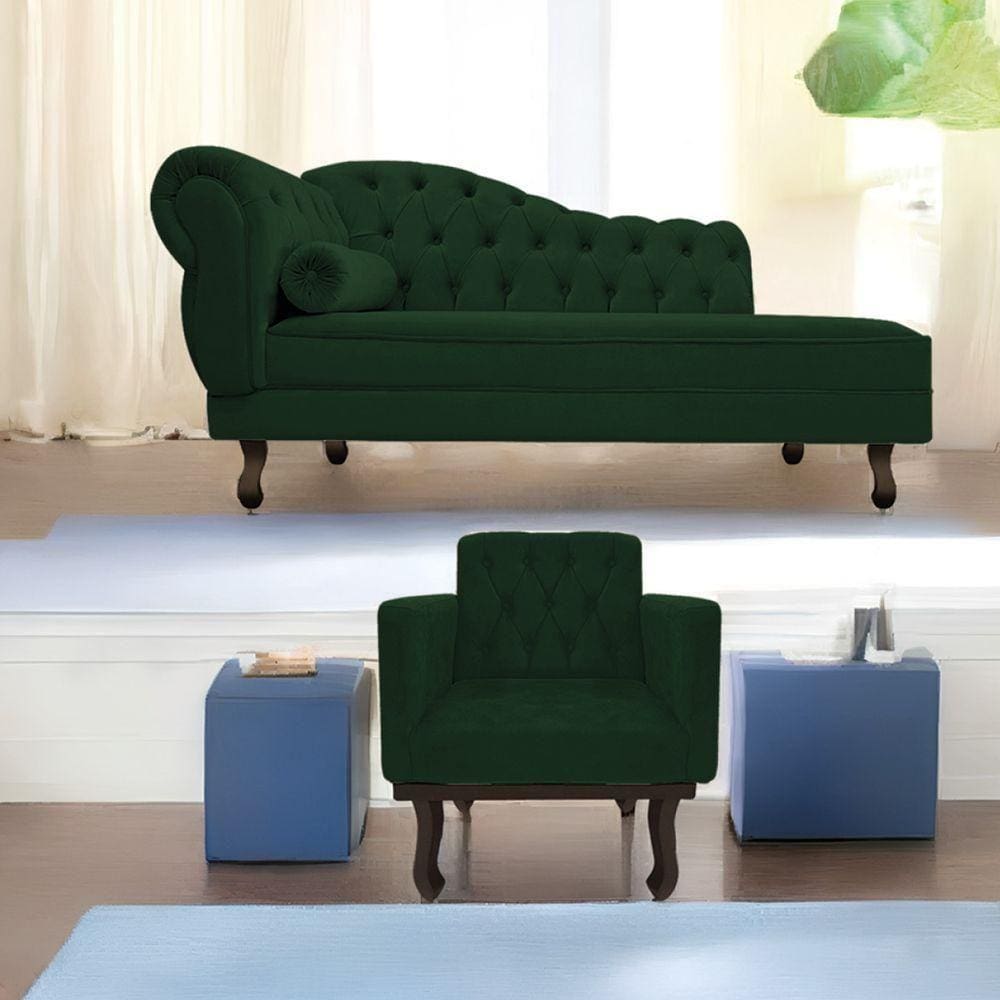 Kit Diva Recamier Diana 130Cm Lado Direito E 01 Poltrona Classic Suede - Doce Sonho Móveis Verde