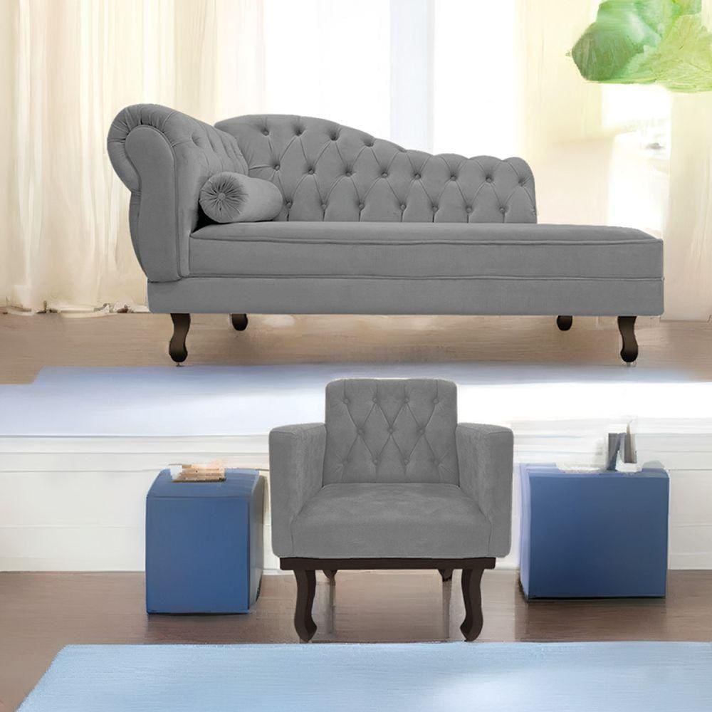Kit Diva Recamier Diana 130Cm Lado Direito E 01 Poltrona Classic Suede - Doce Sonho Móveis Cinza