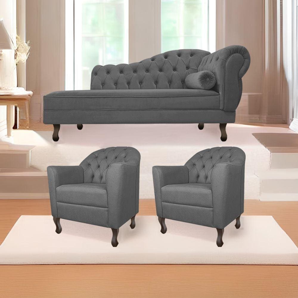 Kit Diva 160Cm Lado Esquerdo E 02 Poltronas Julia Linho - Doce Sonho Móveis Cinza Escuro