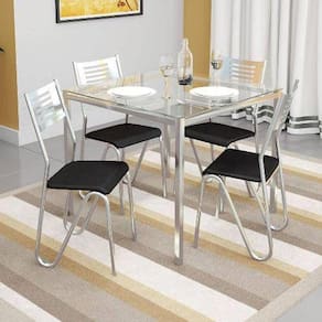Kit Mesa Reno C- Tampo Vidro 90cm + 4 Cadeiras Nápoles Cromada Preto