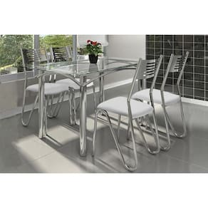Kit Mesa Elba C- Tampo Vidro 140cm + 4 Cadeiras Nápoles Cromado Branco