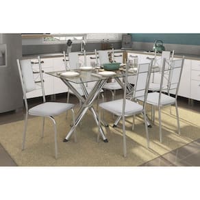 Kit Mesa Volga C- Tampo de Vidro 150cm + 6 Cadeiras Lisboa Cromada Branco