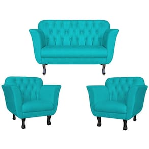 Kit Namoradeira + 2 Poltronas Decorativa Dália Suede Azul Tifany Pés Madeira Mz Decor