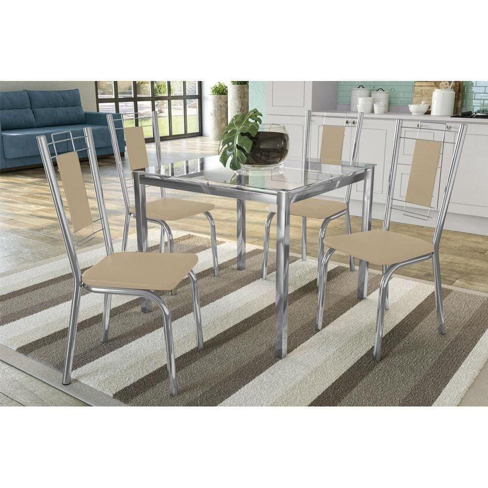Kit Mesa Reno C- Tampo Vidro 90cm + 4 Cadeiras Florença Cromada Nude