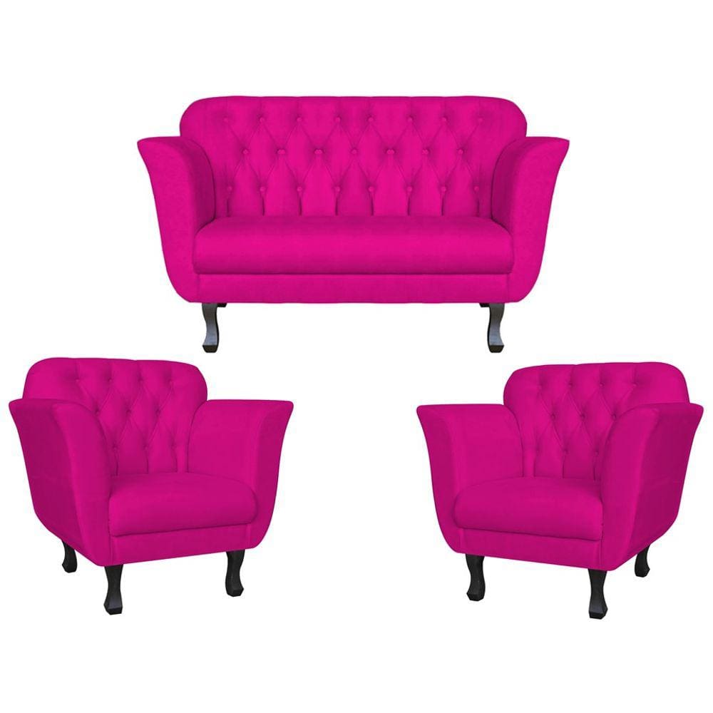 Kit Namoradeira + 2 Poltronas Decorativa Dália Couro Rosa Pink Pés Madeira Mz Decor