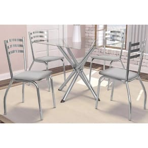 Sala De Jantar Completa Volga C/ Tampo Vidro 90cm + 4 Cadeiras Portugal Cromado/courano Branco